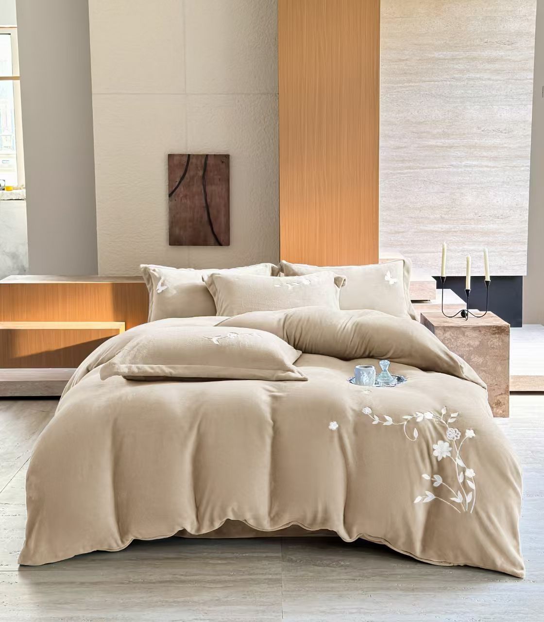 Lenjerie Pat Dublu, Luxury, Cocolino, 4 Piese, Floricele Brodate, Bej-S10104