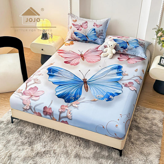 Husa de Pat cu Elastic, din Finet, 160x200cm+2 Fete de Perna, Imprimeu Digital, Fluturi-C10165