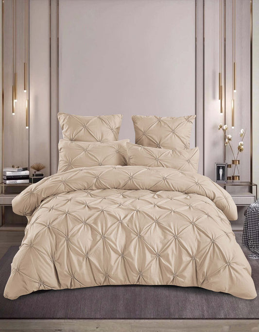Lenjerie Bumbac Premium 6 Piese cu Pliuri Brodate, Bej Deschis-M8192