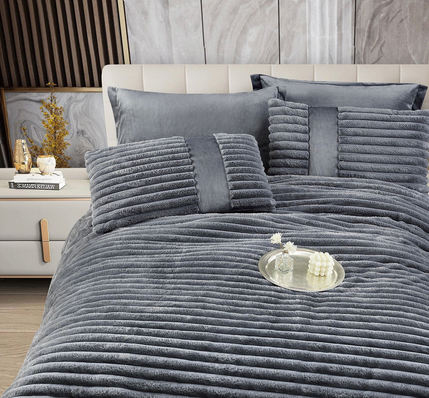 Lenjerie Pat cu Pilota Inclusa, Blanita Iepure Artificiala, Cearceaf de Pat Cu Elastic, 6 Piese, Gri Închis-C9804