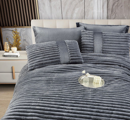 Lenjerie Pat cu Pilota Inclusa, Blanita Iepure Artificiala, Cearceaf de Pat Cu Elastic, 6 Piese, Gri Închis-C9804