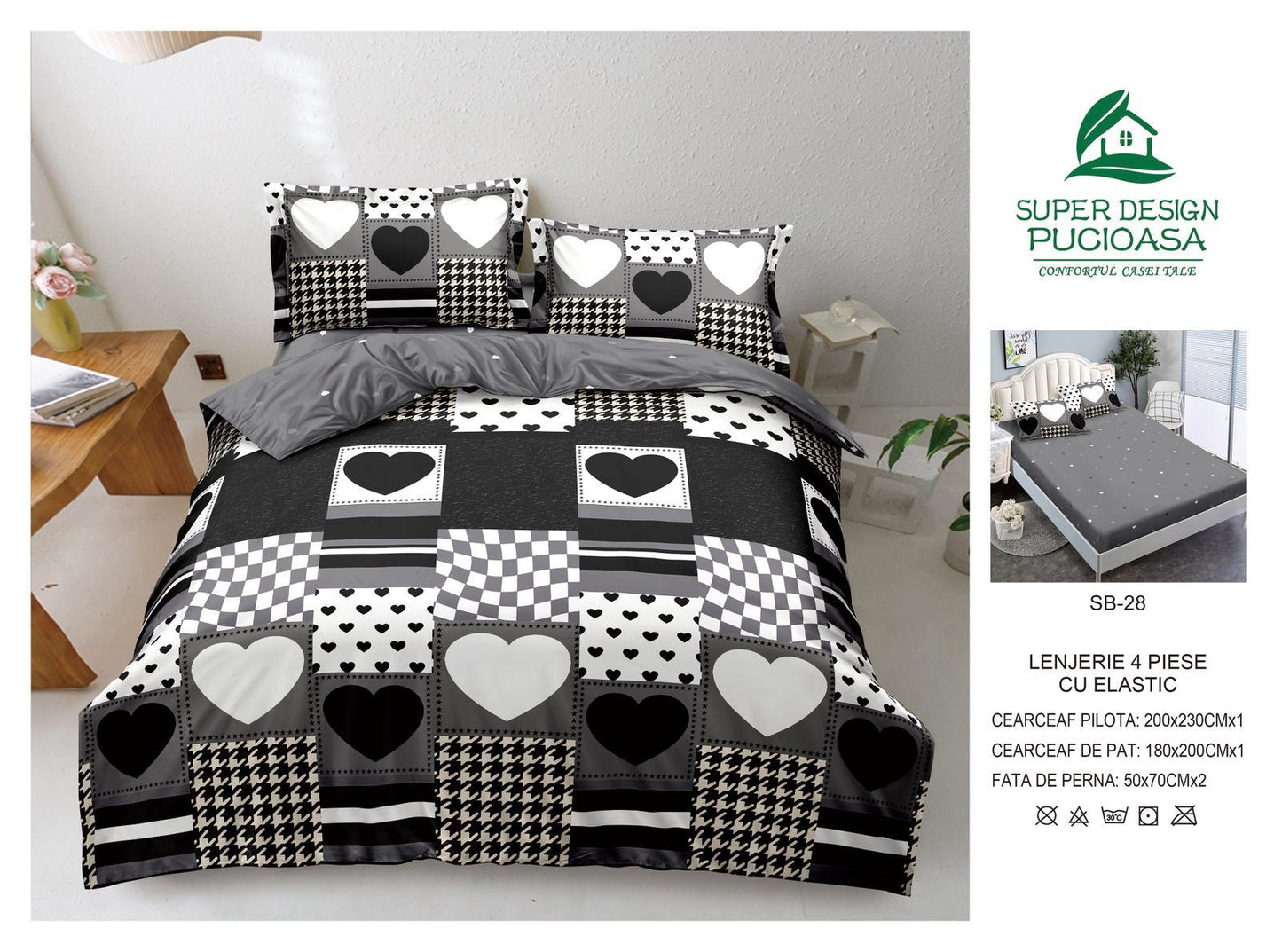 Lenjerie Pat Dublu cu Elastic din Bumbac Satinat Superior cu 4 Piese, Inimioare-V8748