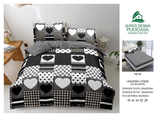 Lenjerie Pat Dublu cu Elastic din Bumbac Satinat Superior cu 4 Piese, Inimioare-V8748