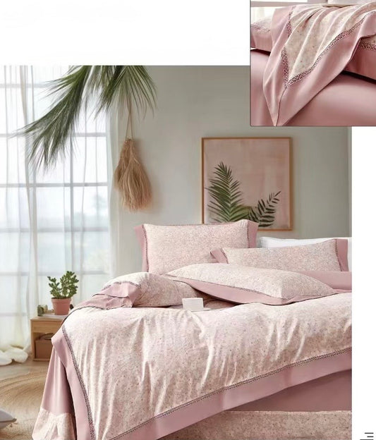 Lenjerie Luxury din Bumbac Satinat Premium, 4 Piese, Roz/Floricele-CF10293