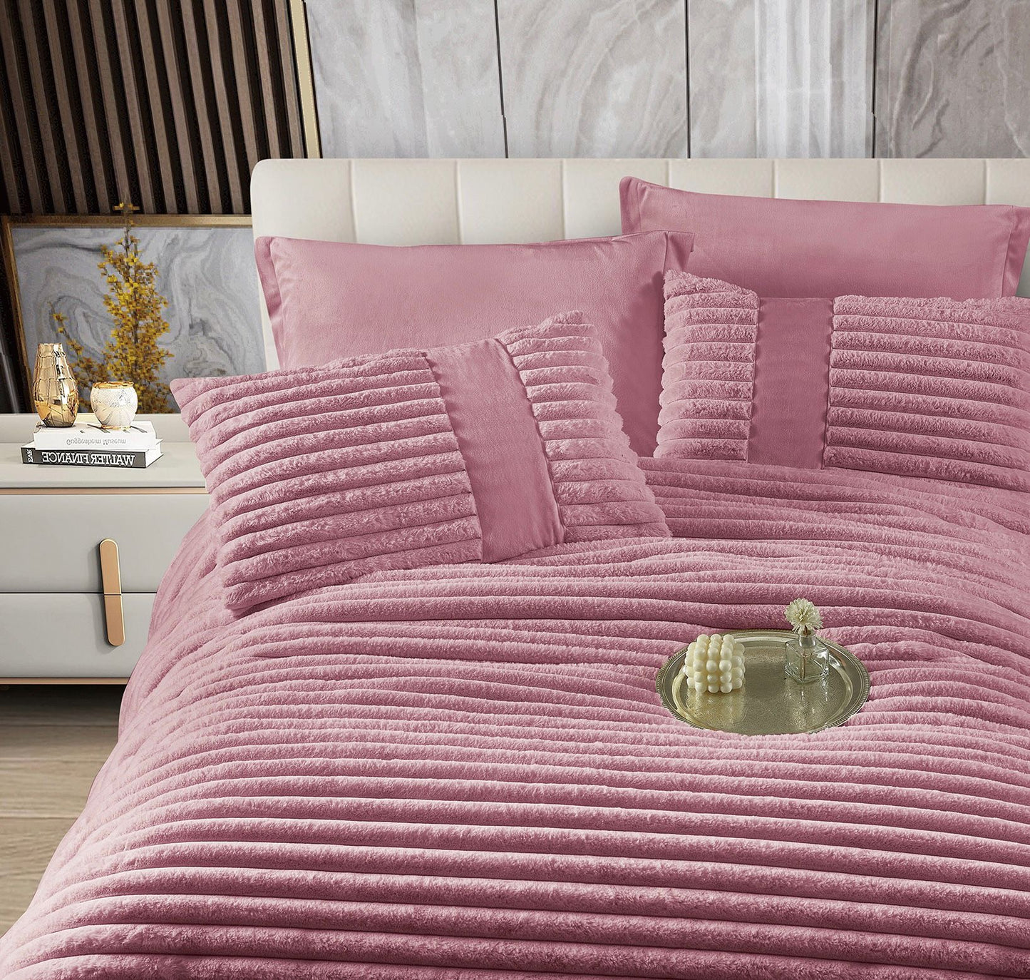 Lenjerie Pat cu Pilota Inclusa, Blanita Iepure Artificiala, Cearceaf de Pat Cu Elastic, 6 Piese, Roz-C9806