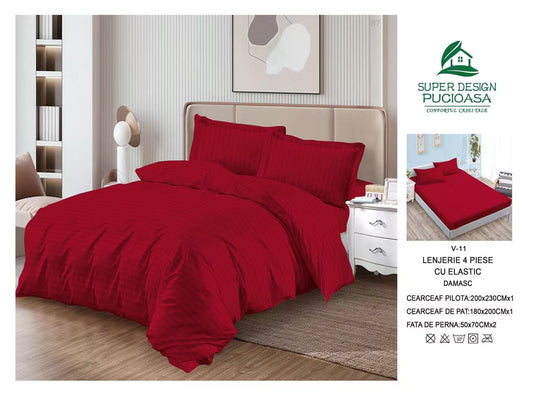 Lenjerie Pat Dublu din Damasc Finetat, 4 Piese cu Elastic, Model Dungat, Ruby Red-V6104