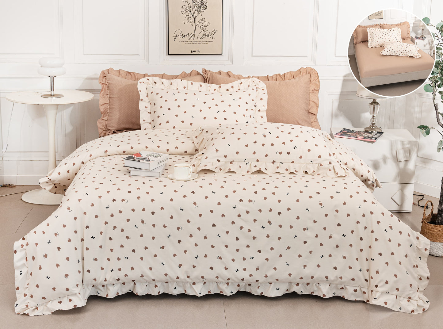 Lenjerie Bumbac Tip Finet, 6 Piese, cu Elastic si Volanas, Inimioare-A10332