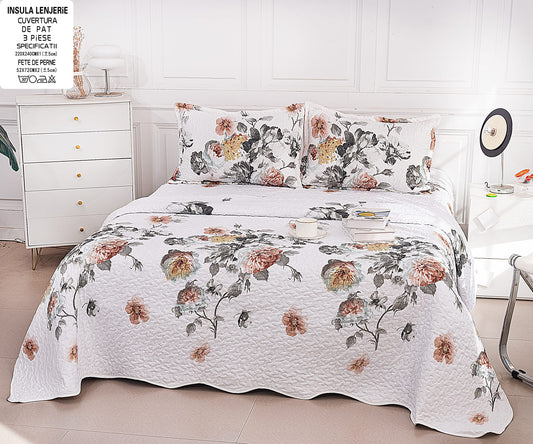 Cuvertura De Pat 3 Piese, din Bumbac Satinat, Floricele-A9835