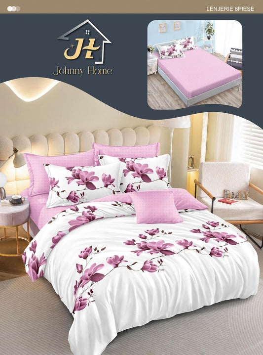Lenjerie Pat Dublu din Finet, 6 Piese, cu Elastic, Flori-H10993