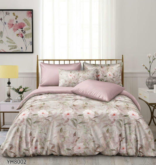 Lenjerie Pat Dublu din Satin, 4 Piese, cu Elastic, Floricele-P9933