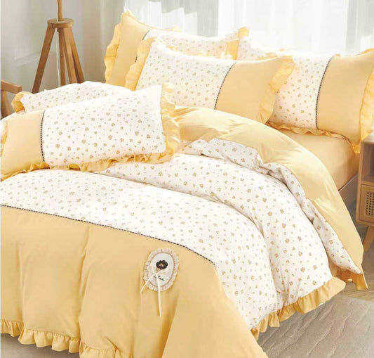 Lenjerie Bumbac Finet Premium 4 Piese cu Volanase, Galben/Floricele-M10526