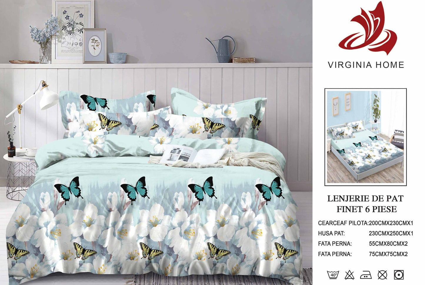 Lenjerie Pat Dublu din Finet, 6 Piese, cu Elastic, Fluturi-V8921