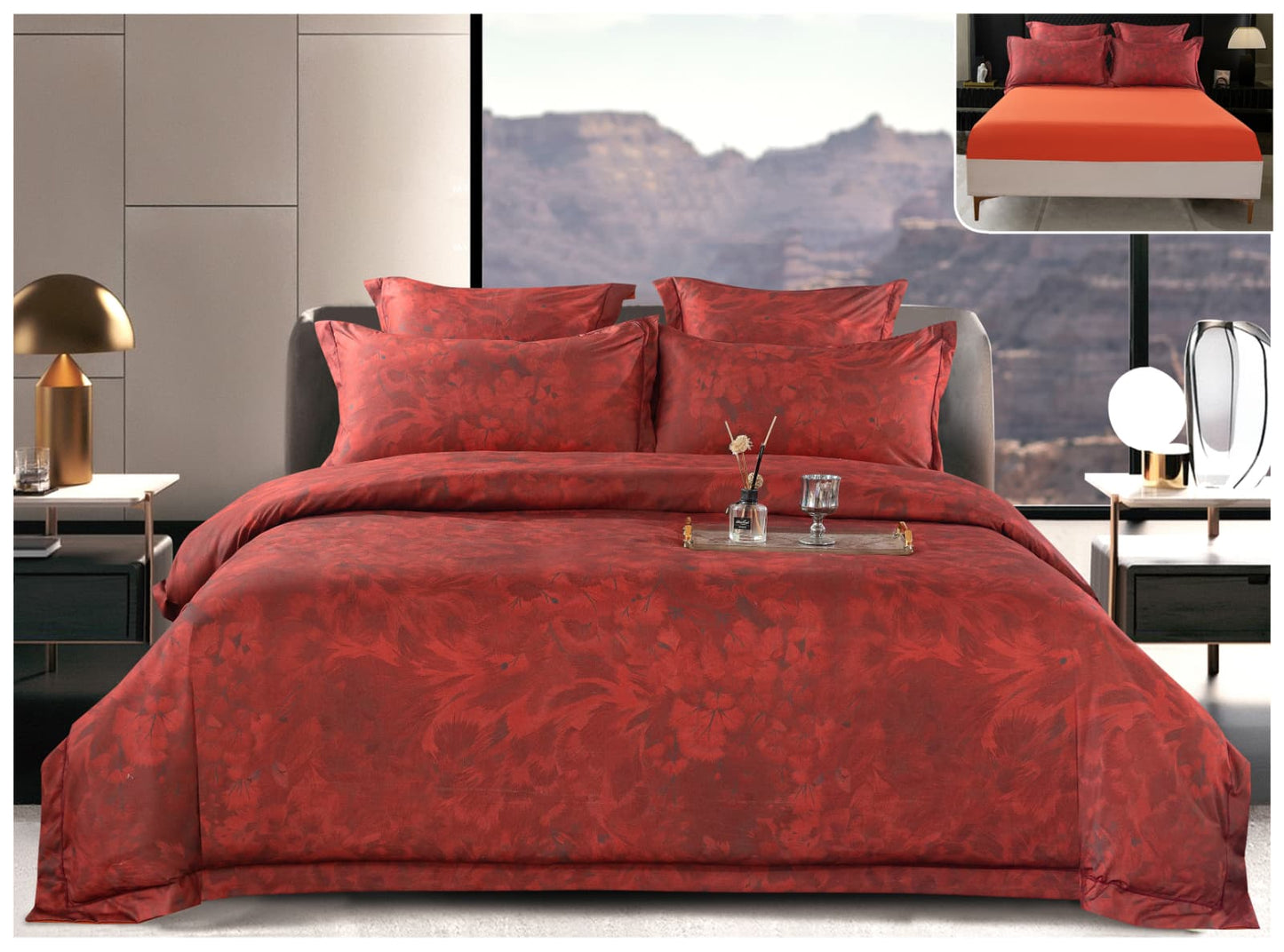 Lenjerie Pat Dublu din Satin de Lux, 6 Piese, cu Elastic, Floral Bordo-A8211