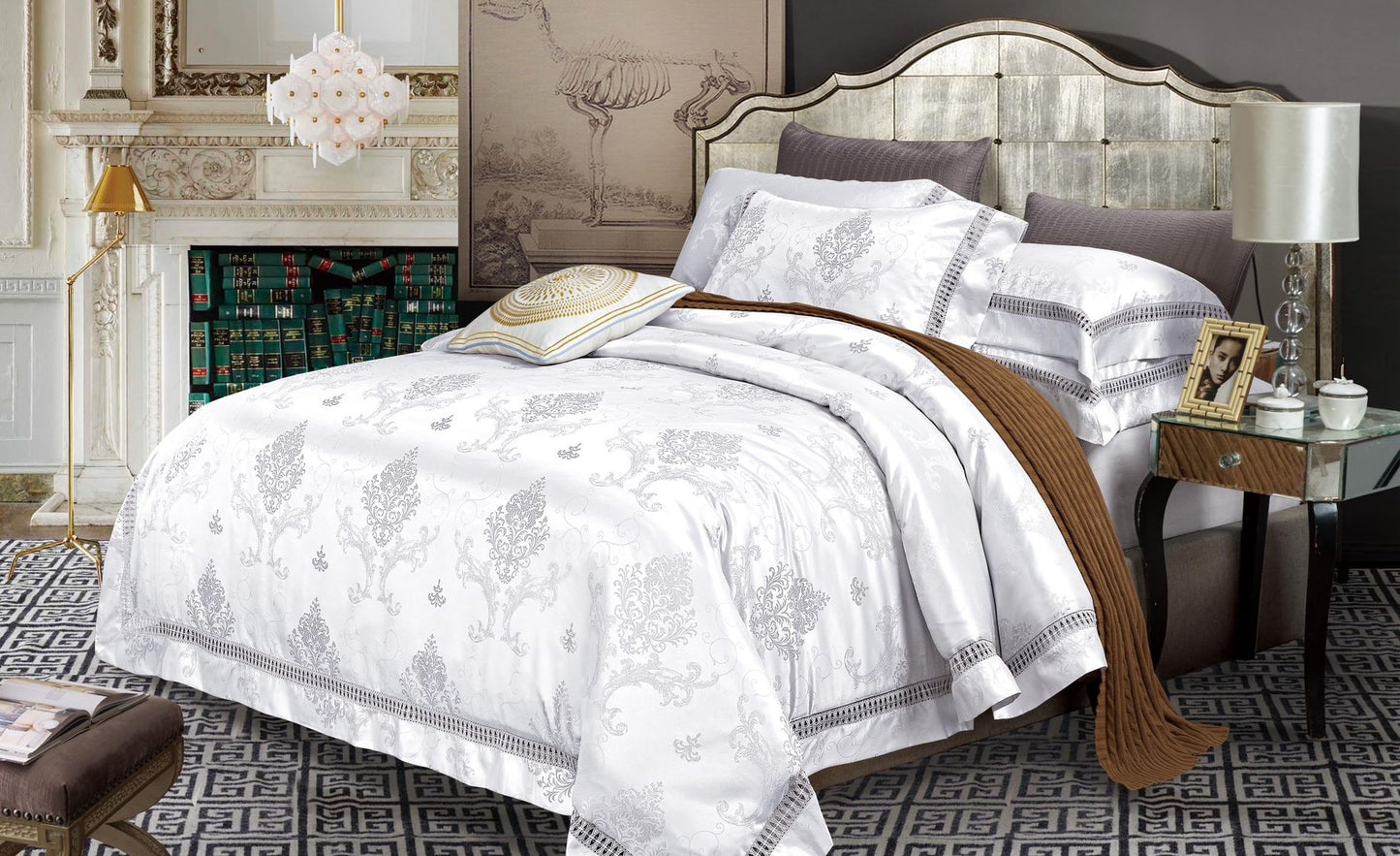 Lenjerie de pat Jacquard Premium De Lux, 6 Piese, Alb/Model Regal-R10360