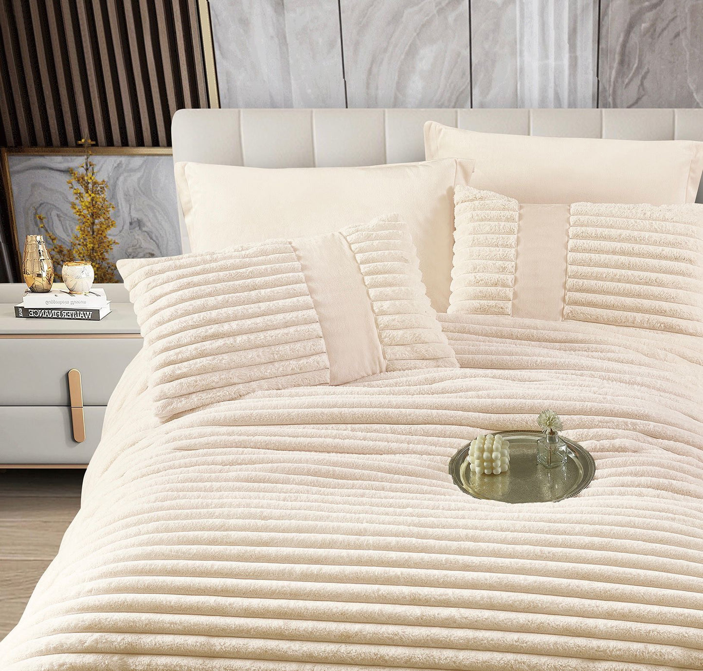 Lenjerie Pat cu Pilota Inclusa, Blanita Iepure Artificiala, Cearceaf de Pat Cu Elastic, 6 Piese, Crem-C9799