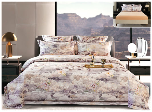 Lenjerie Premium Luxury, Pat Dublu, Satin Gros, 6 Piese cu Elastic, Floral Artistic Beige-A10274