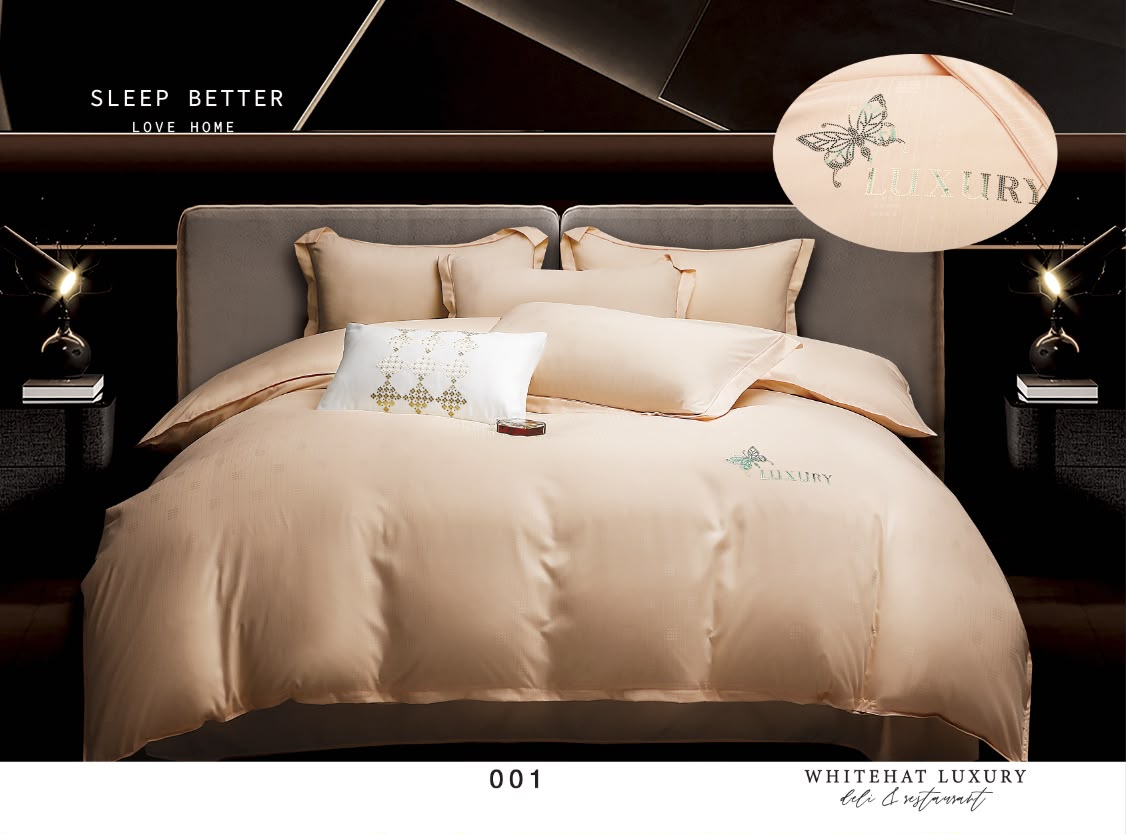 Lenjerie de Pat Luxury, cu 4 Piese, din Imitatie de Bumbac, cu Broderie Imprimata-CF11249
