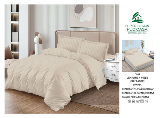 Lenjerie Pat Dublu din Damasc Finetat, 4 Piese cu Elastic, Model Dungat, Bej-V8287
