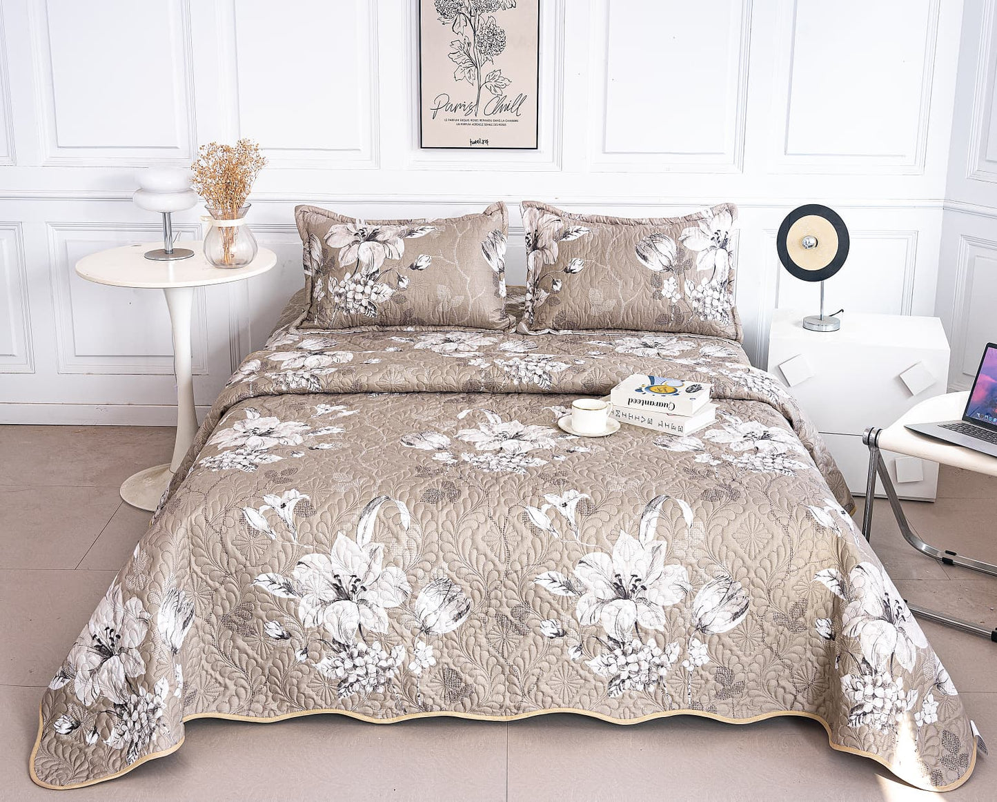 Cuvertura De Pat 3 Piese, din Bumbac Satinat, Floricele-A9844