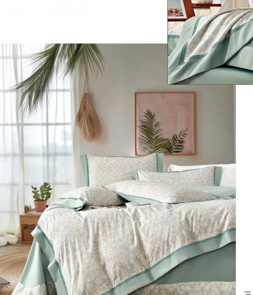 Lenjerie Luxury din Bumbac Satinat Premium, 4 Piese, Verde/Floricele-CF10295