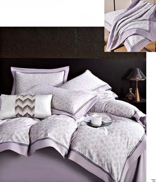 Lenjerie Luxury din Bumbac Satinat Premium, 4 Piese, Lila/Floricele-CF10291