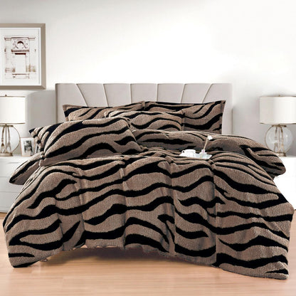 Lenjerie Pat Dublu Super Pufoasă, Cocolino Sherpa, 4 Piese, cu Elastic, Maro/Zebra Print-F9746