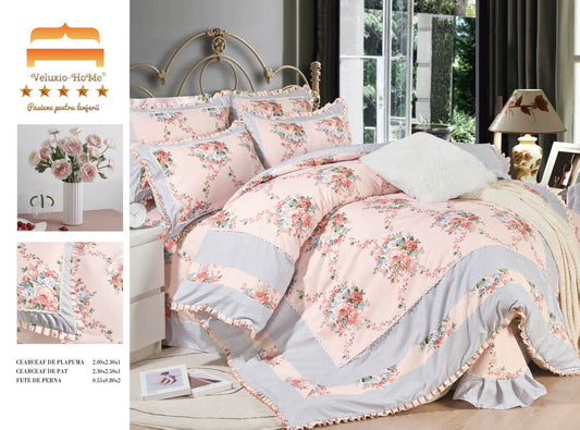 Lenjerie Bumbac Finet Premium 4 Piese cu Volanase, Floricele-M9561