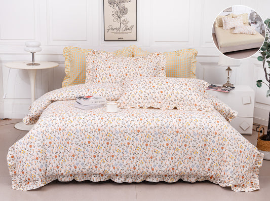 Lenjerie Bumbac Tip Finet, 6 Piese, cu Elastic si Volanas, Floricele-A10334