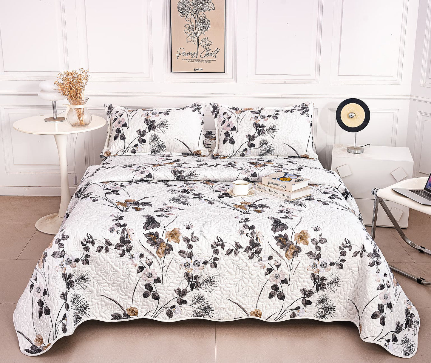 Cuvertura De Pat 3 Piese, din Bumbac Satinat, Floricele-A9836