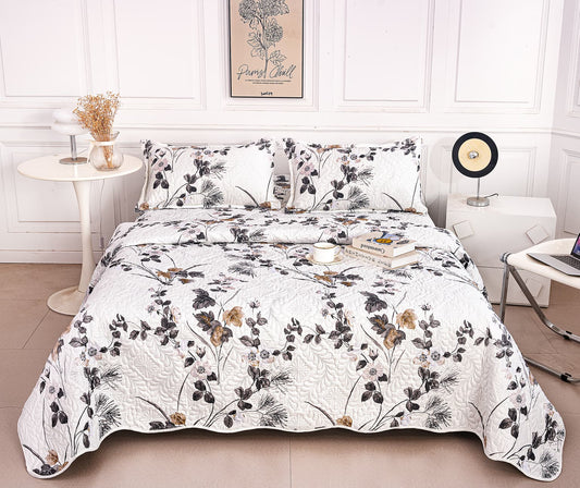 Cuvertura De Pat 3 Piese, din Bumbac Satinat, Floricele-A9836