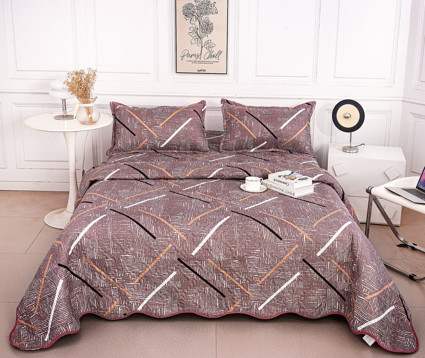 Cuvertura De Pat 3 Piese, din Bumbac Satinat, Liniute-A9837