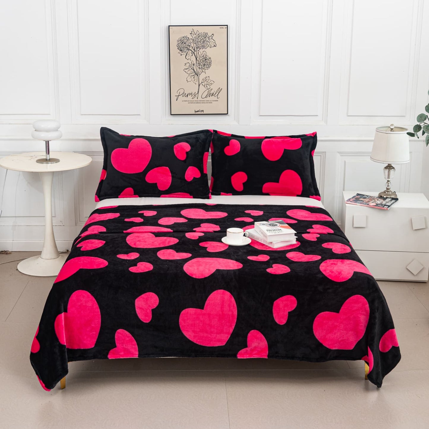 Set Patura Cocolino Moale+2 Fete de Perna 52x78cm, Negru/Inimioare-A9541