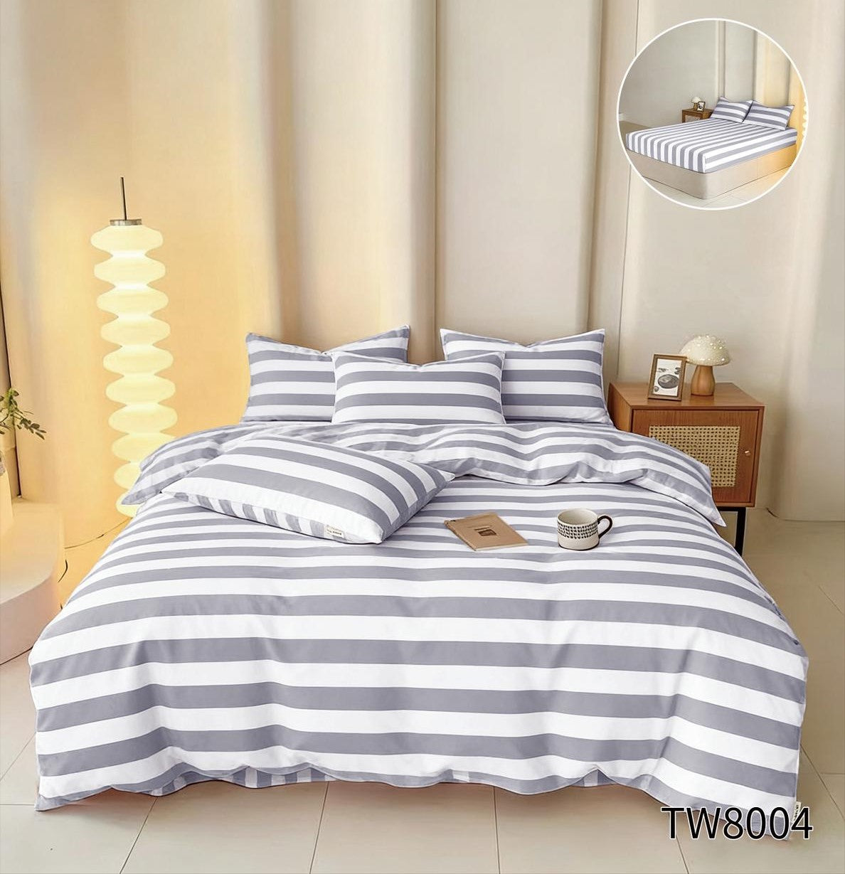 Lenjerie Pat Dublu cu Elastic din Finet cu 4 Piese, Dungi-P11080