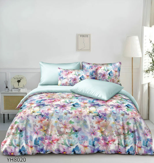 Lenjerie Pat Dublu din Satin, 4 Piese, cu Elastic, Floricele-P9923