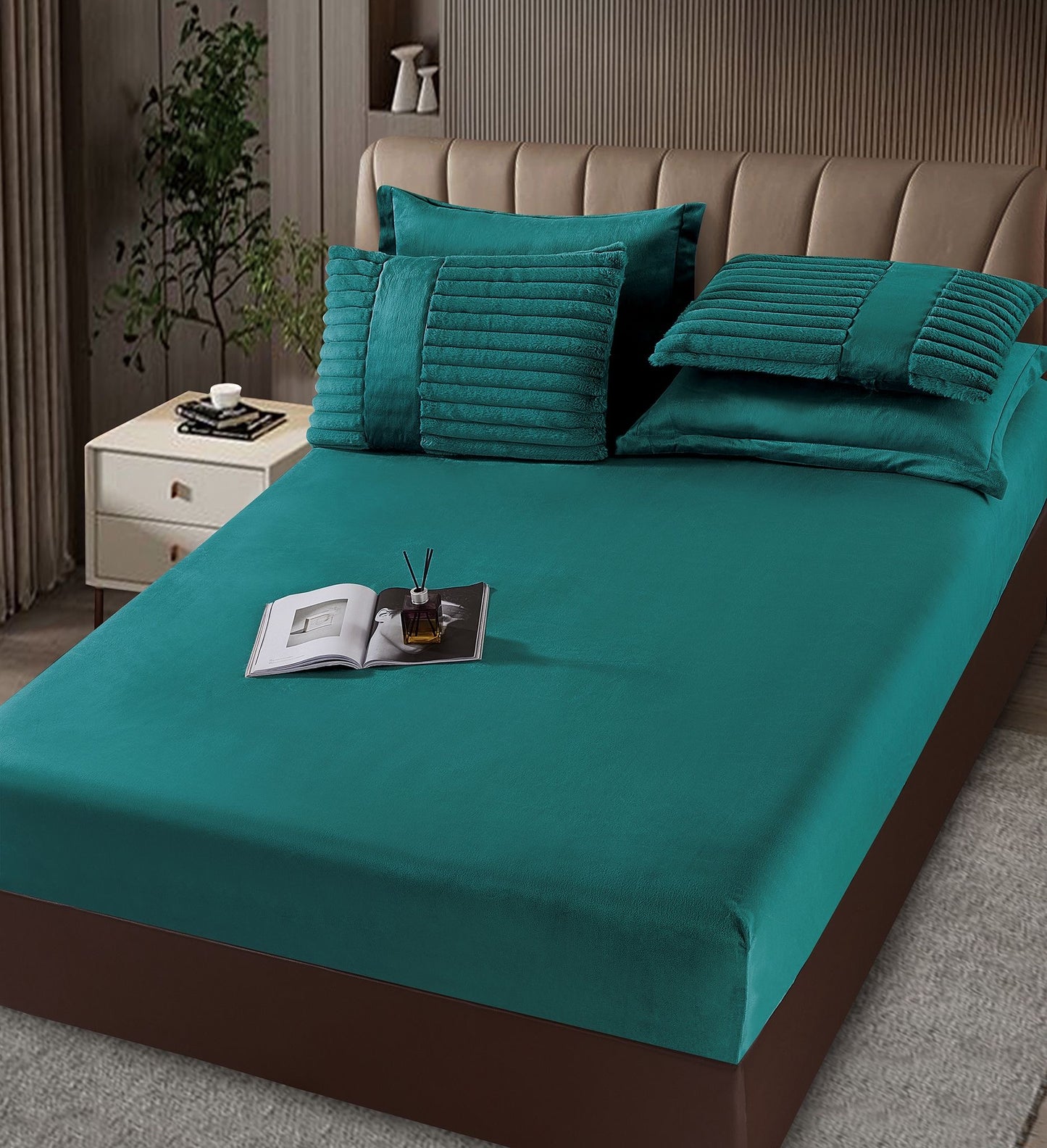 Lenjerie Pat cu Pilota Inclusa, Blanita Iepure Artificiala, Cearceaf de Pat Cu Elastic, 6 Piese, Verde-C9800