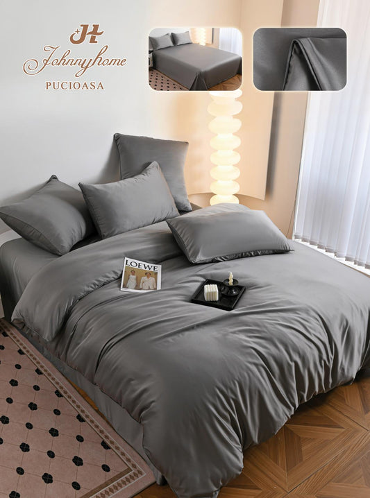 Lenjerie Luxury Pat Dublu, Tip Matase Satinata, 6 Piese, Gri-H9494