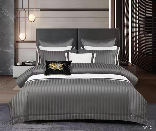 Lenjerie Bumbac Damasc Deluxe, 6 Piese cu Elastic, Gri Inchis-V10465