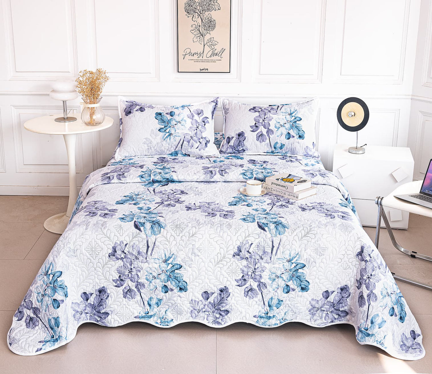 Cuvertura De Pat 3 Piese, din Bumbac Satinat, Floricele-A9845