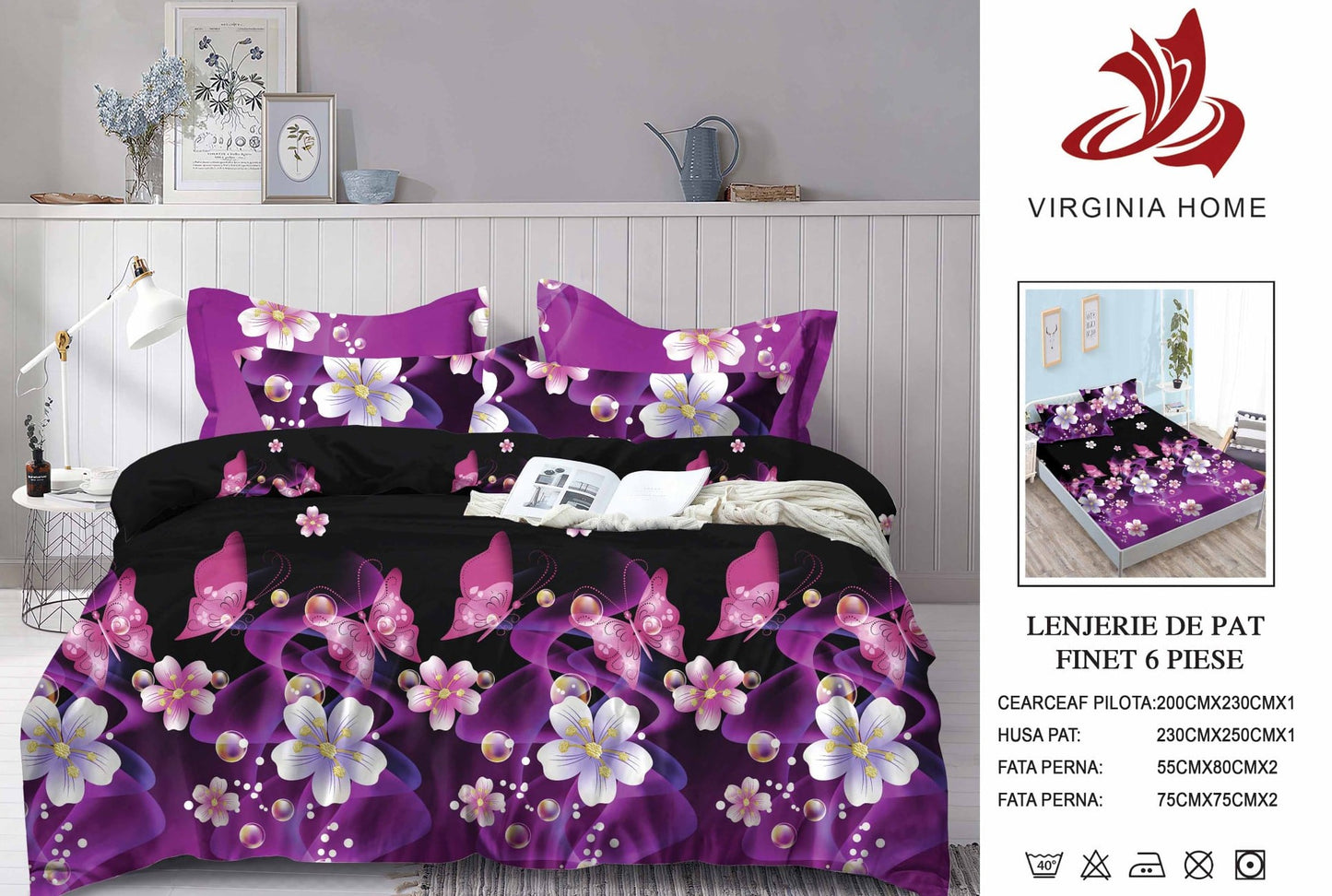 Lenjerie Pat Dublu din Finet, 6 Piese, cu Elastic, Flori/Fluturi-V8925