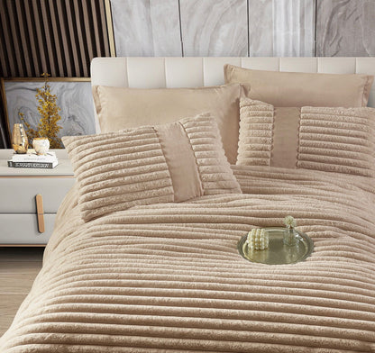 Lenjerie Pat cu Pilota Inclusa, Blanita Iepure Artificiala, Cearceaf de Pat Cu Elastic, 6 Piese, Bej-C9805