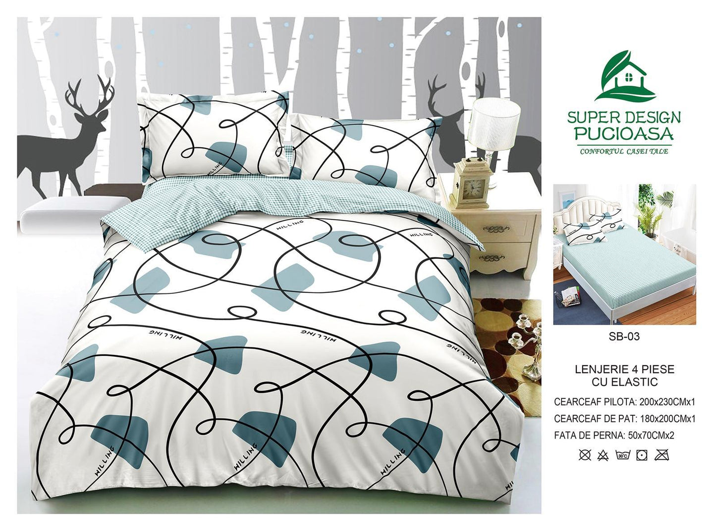 Lenjerie Pat Dublu cu Elastic din Bumbac Satinat Superior cu 4 Piese, Urban Abstract-V8744