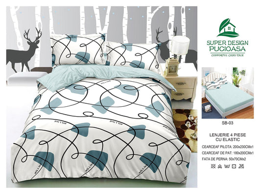 Lenjerie Pat Dublu cu Elastic din Bumbac Satinat Superior cu 4 Piese, Urban Abstract-V8744