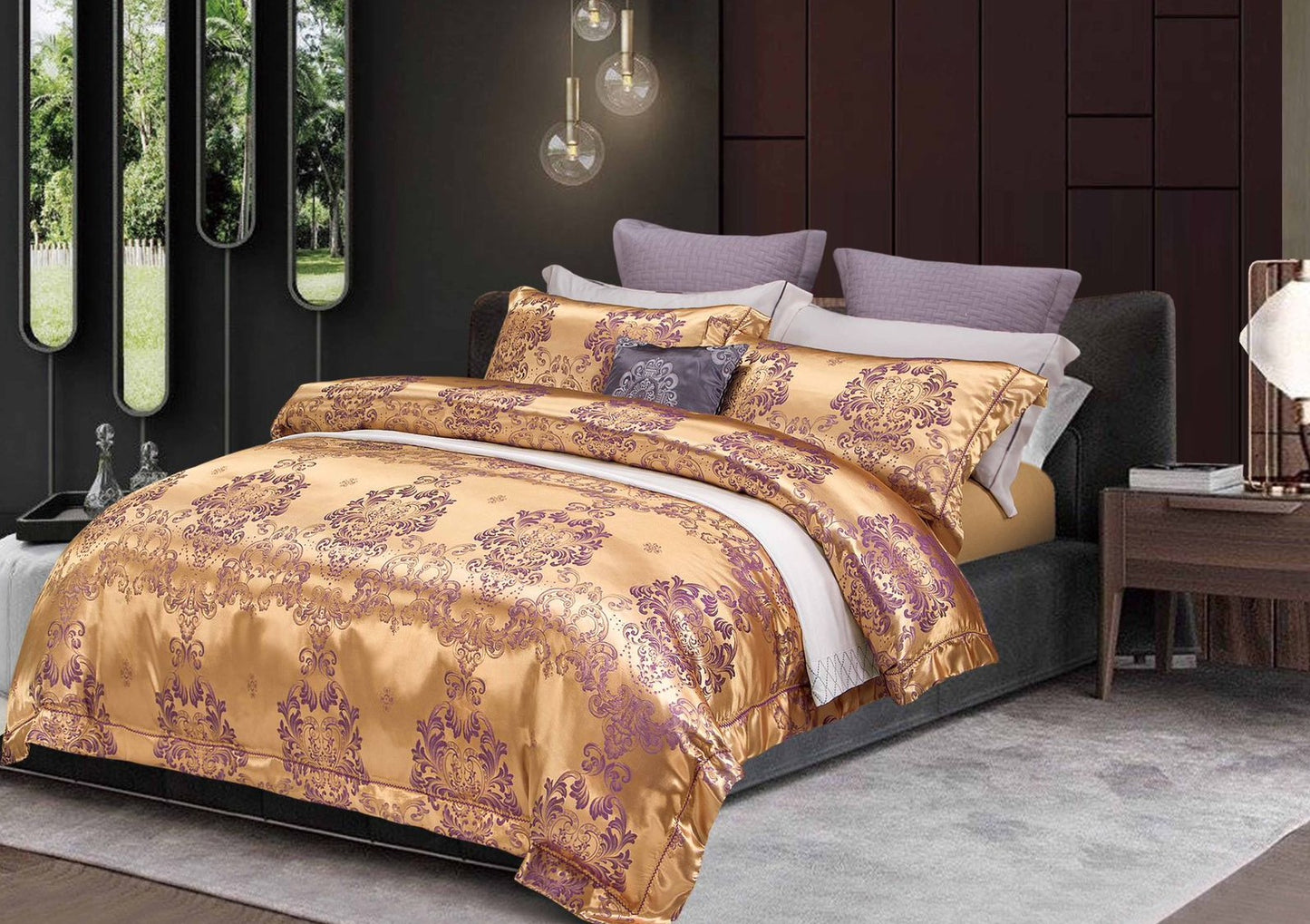 Lenjerie de pat Jacquard Premium De Lux, 6 Piese, Auriu/Model Regal-R10361