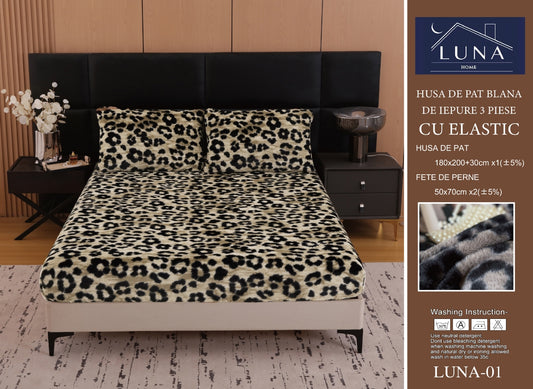 Husa Cocolino cu Elastic din Blanita Artificiala de Iepure, 180x200cm+2 Fete de Perna, Animal Print-L10142