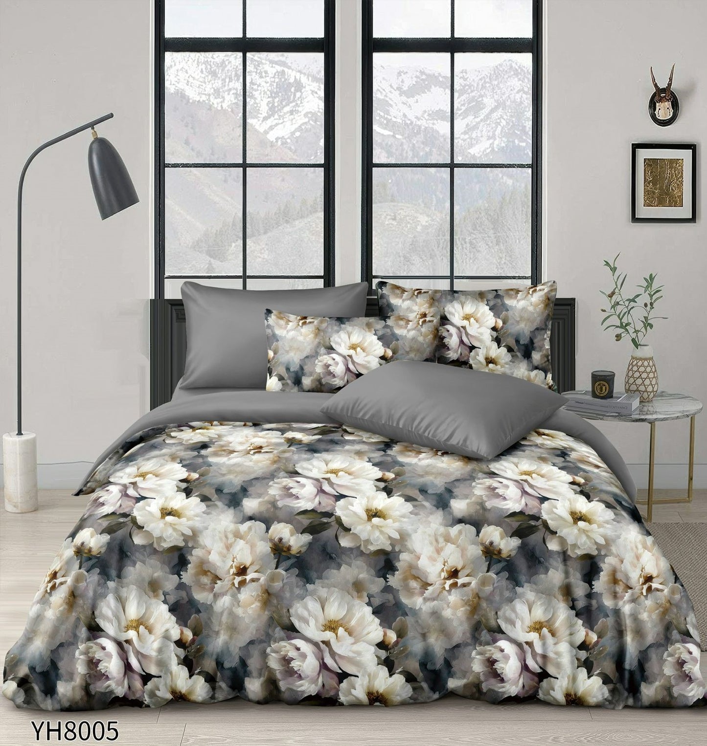 Lenjerie Pat Dublu din Satin, 4 Piese, cu Elastic, Floricele-P9929