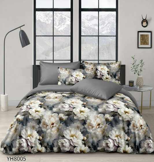 Lenjerie Pat Dublu din Satin, 4 Piese, cu Elastic, Floricele-P9929