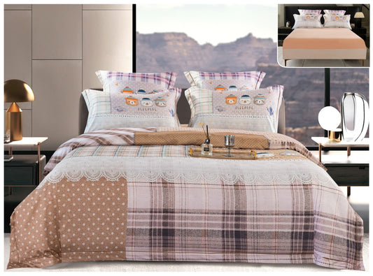 Lenjerie Pat Dublu din Satin de Lux, 6 Piese, cu Elastic, Carouri & Buline-P8209