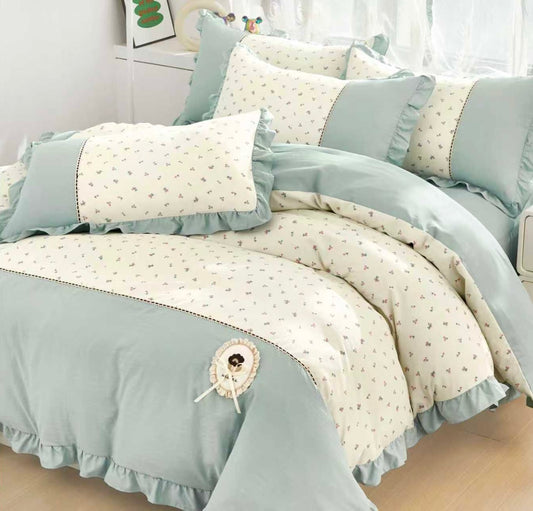 Lenjerie Bumbac Finet Premium 4 Piese cu Volanase, Vernil/Crem-M10523