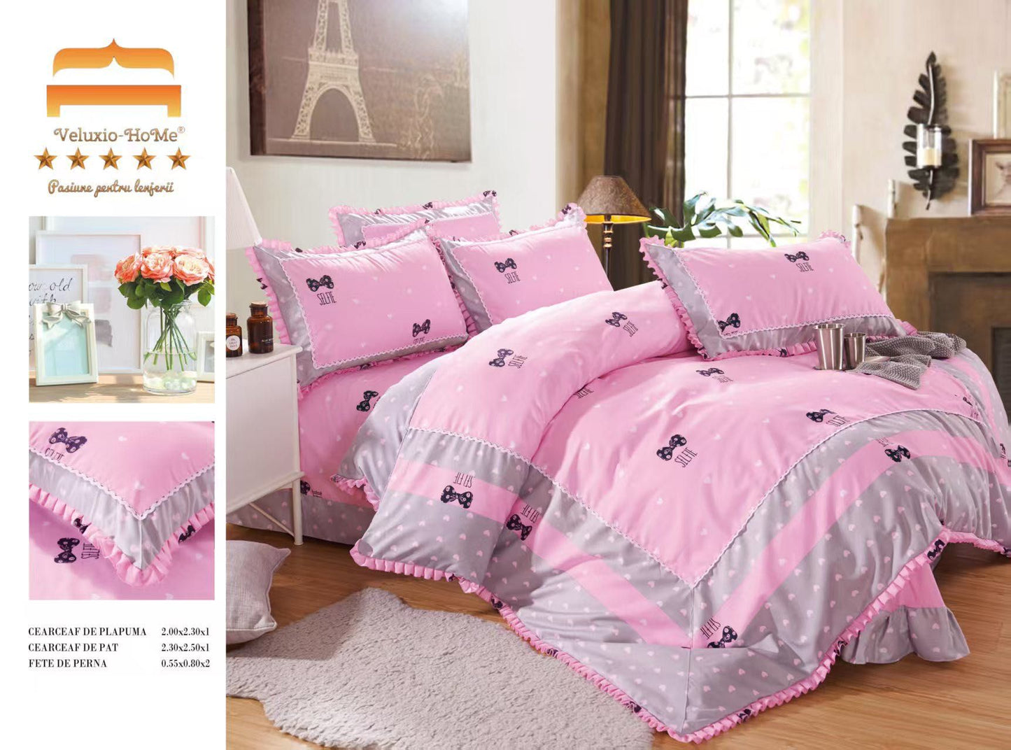 Lenjerie Bumbac Finet Premium 4 Piese cu Volanase, Inimioare/Fundite-M9566