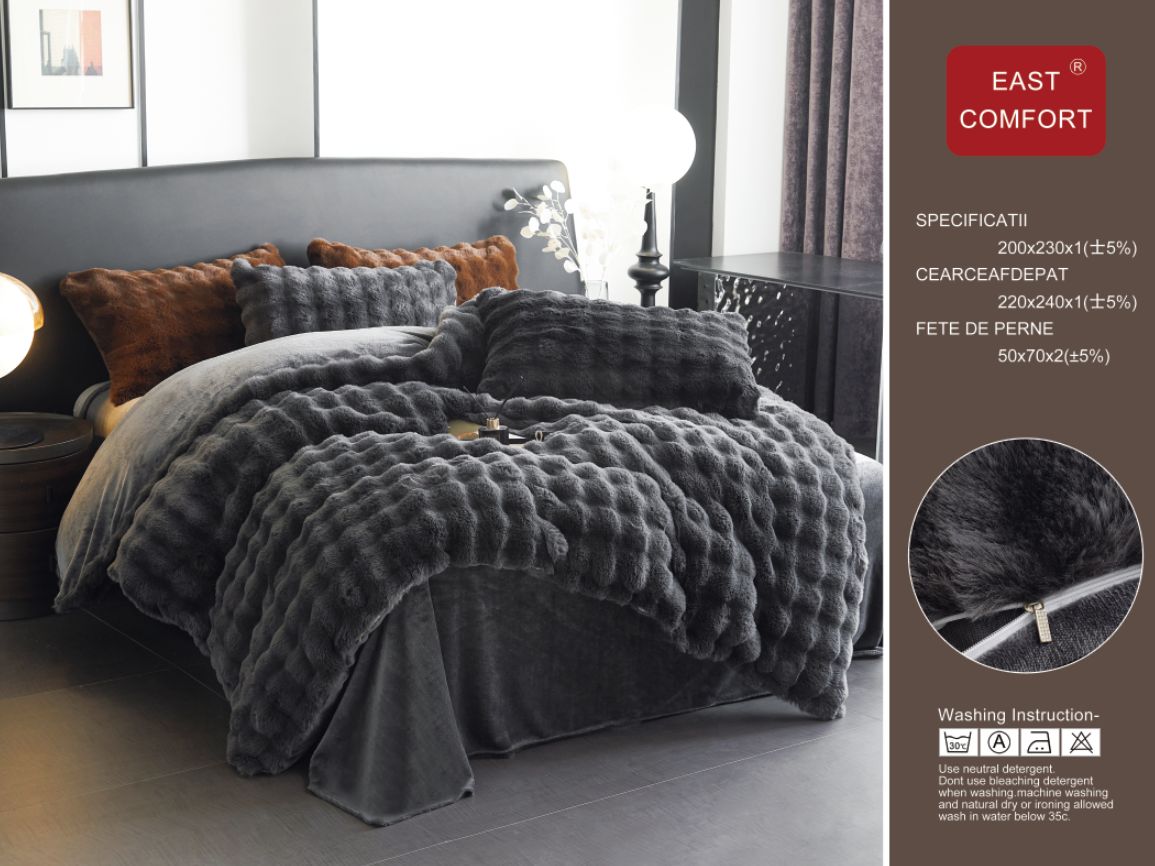 Lenjerie Luxury, Pufoasa, din Blanita artificiala Tip Iepure, 4 piese, Gri Inchis-D8902